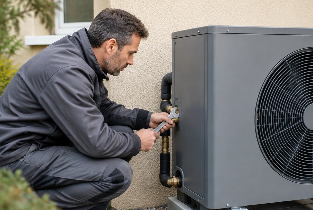 Installateur réglant une pompe à chaleur